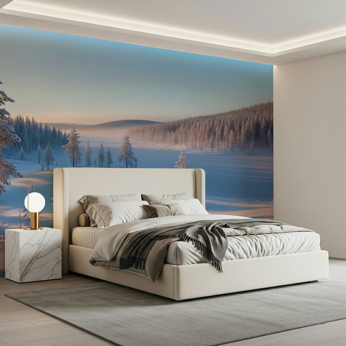 Winter's Calm Whisper Wall Mural used as a focal point in a dining room wallpaper.