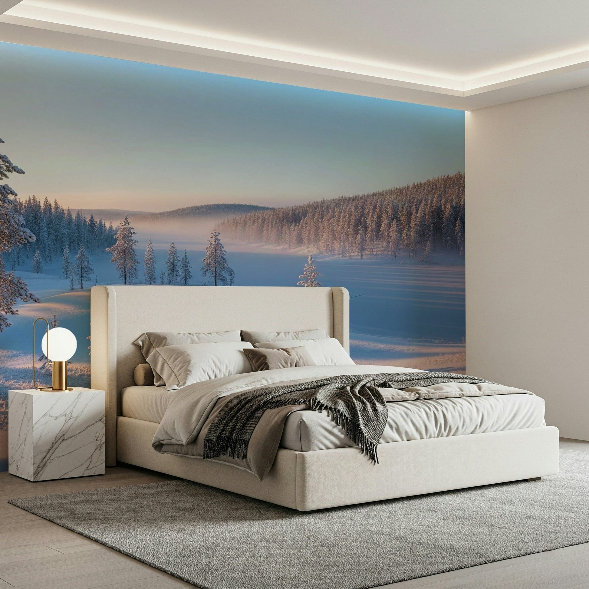 Winter's Calm Whisper Wall Mural used as a focal point in a dining room wallpaper.