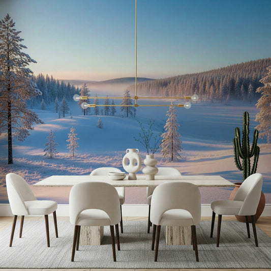 Neutral toned winter landscape wallpaper for a guest suite wall mural.