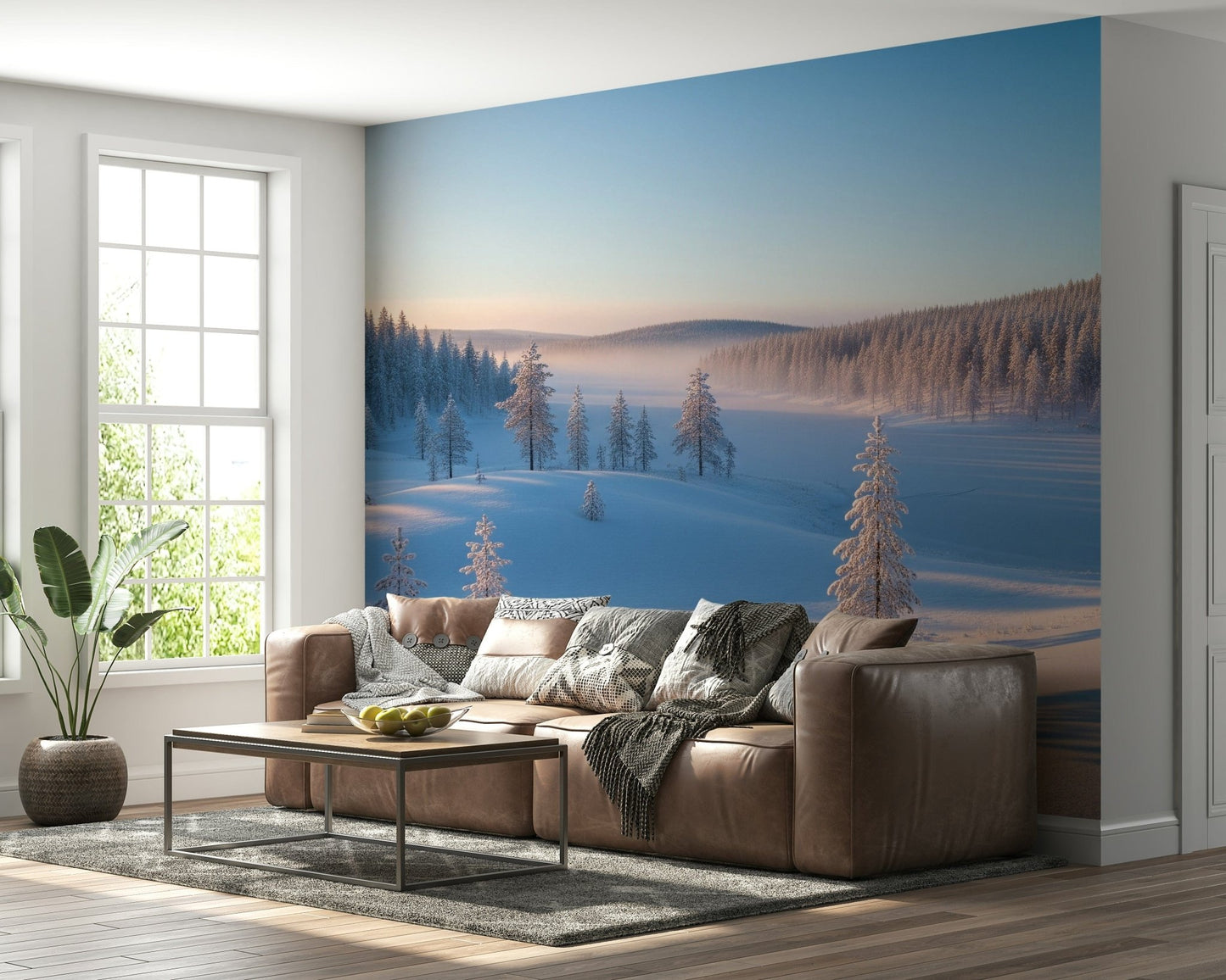 Soft winter light on a feature wall mural for a modern lounge wallpaper.
