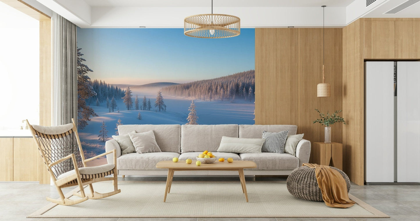Atmospheric snowy forest wallpaper for a professional study wall mural.