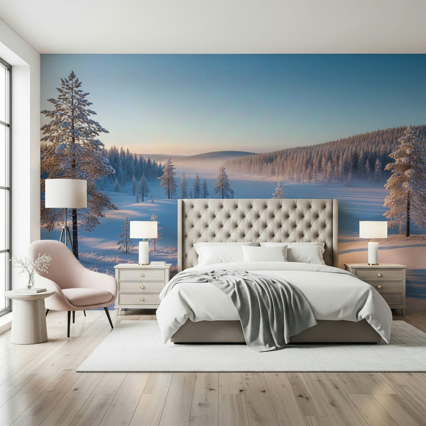 Subtle hazy winter scene wallpaper for a contemporary hallway wall mural.