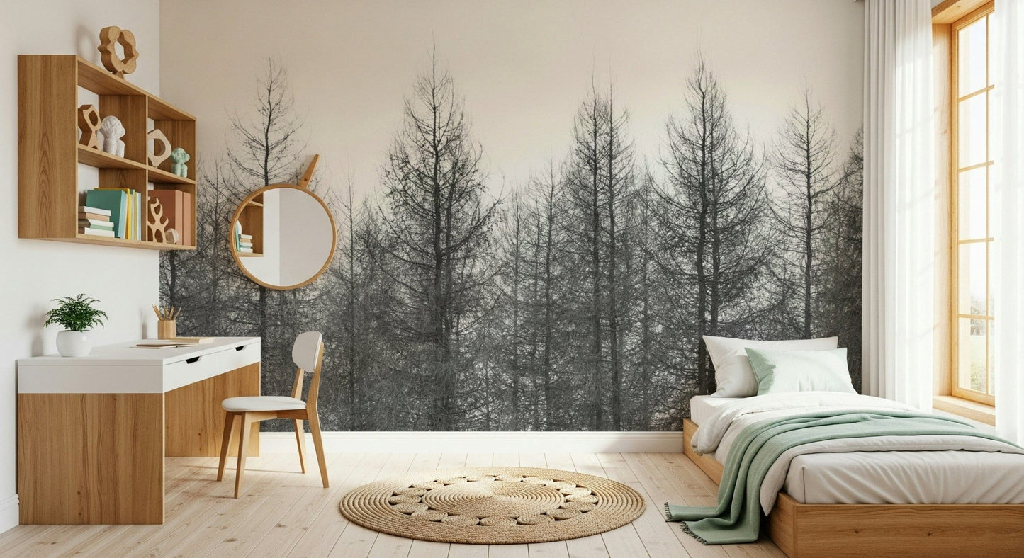 Scenic frosty horizon wall mural in a minimalist guest room or study.