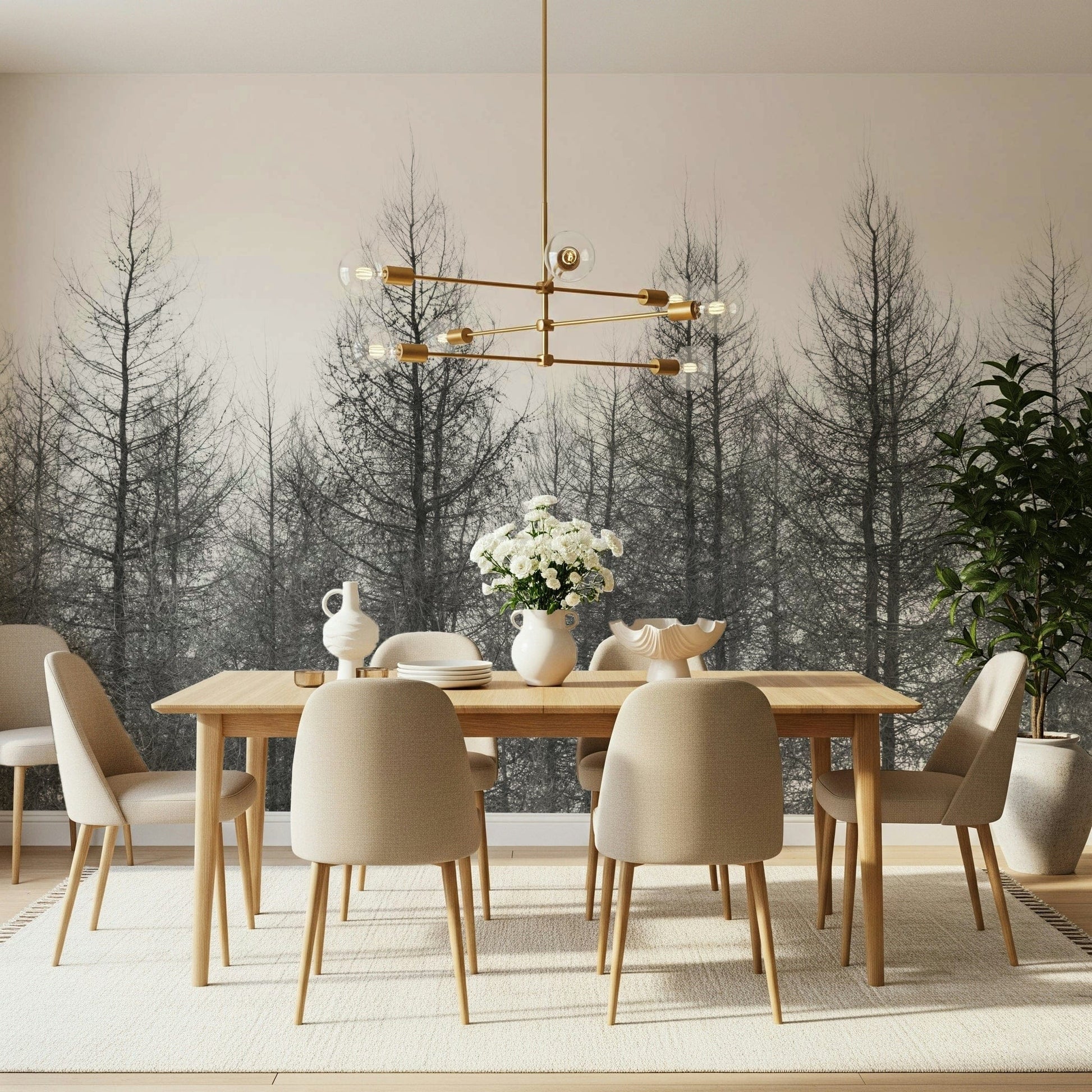 Large scale winter wallpaper for an open plan apartment living space.