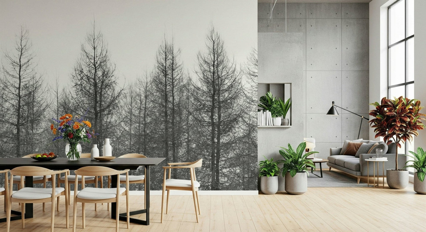 Snowy landscape wall mural for a calm and airy bedroom interior.