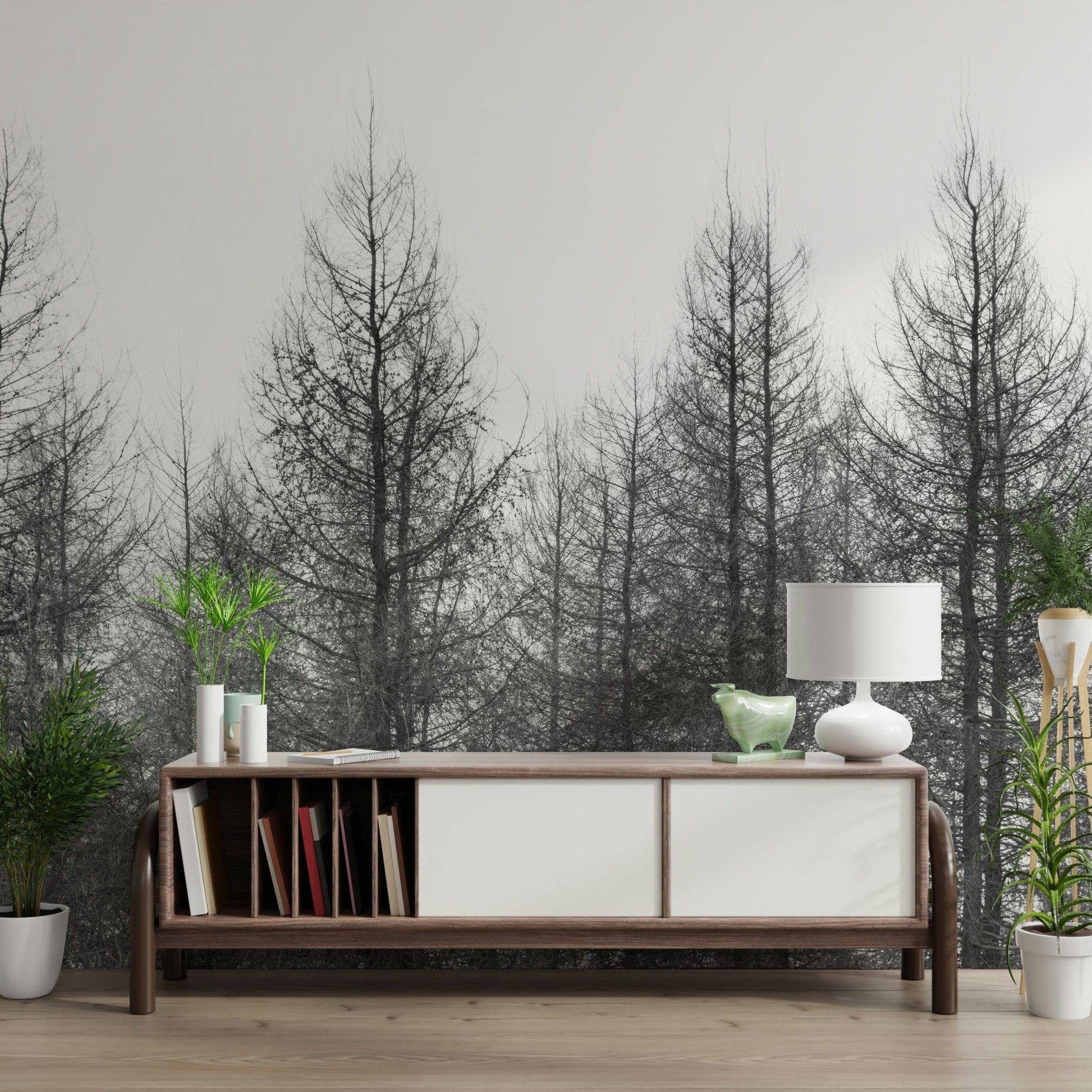 Soft grey and white winter wall mural in a modern dining area.