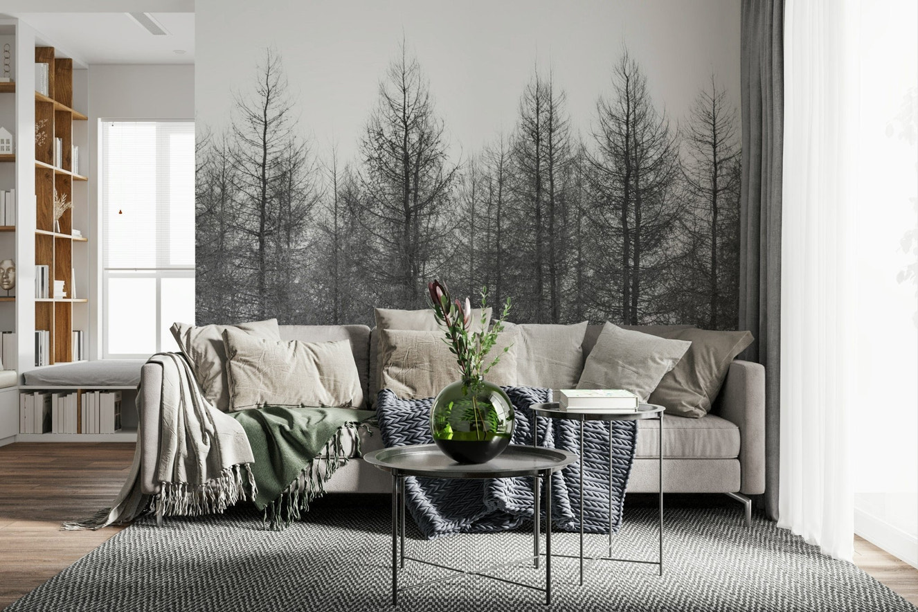 Winter's Edge Wall Mural in a bright living room with white decor wallpaper.