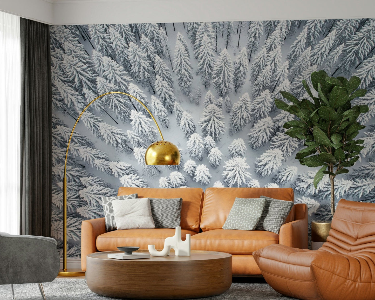 Softly lit winter forest on a textured wall mural for a hallway wallpaper.