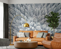 Softly lit winter forest on a textured wall mural for a hallway wallpaper.