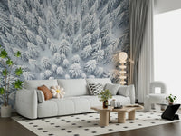 Elegant winter wall mural featuring misty trees for a modern lounge wallpaper.