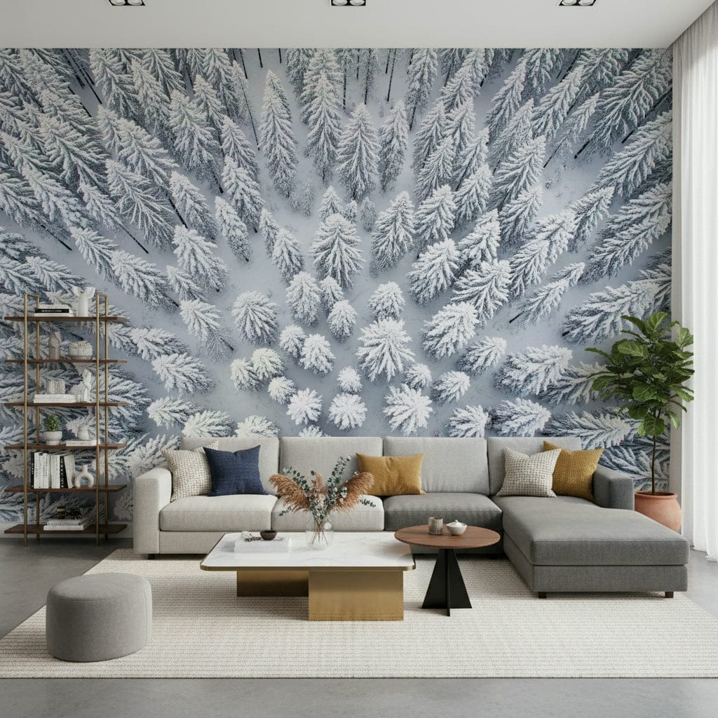 Winter's Embrace Wall Mural in a minimalist living room with grey sofa wallpaper.