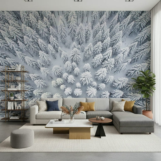 Winter's Embrace Wall Mural in a minimalist living room with grey sofa wallpaper., GD3996