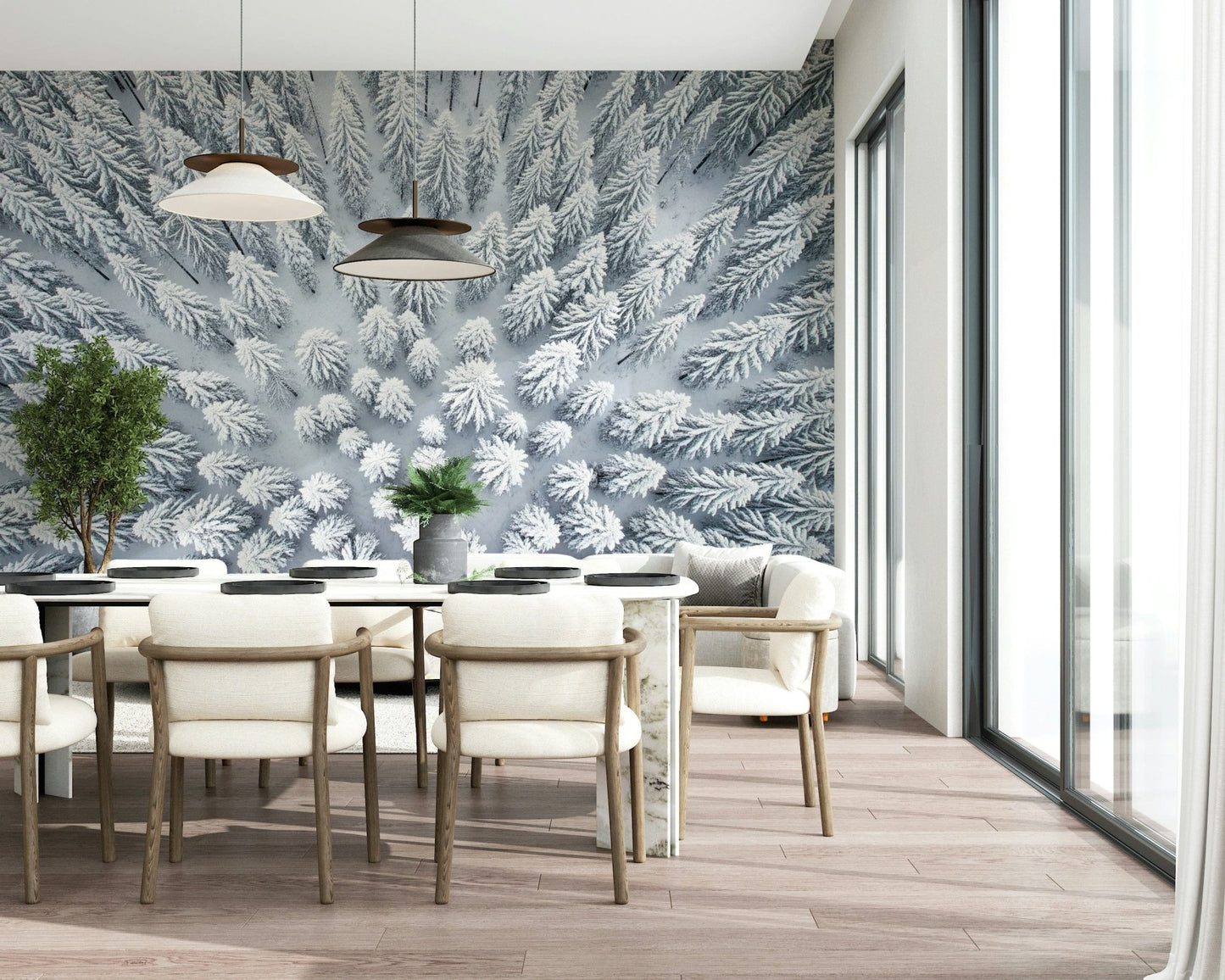 Ethereal snow scene wallpaper for a feature wall in a guest suite wall mural.