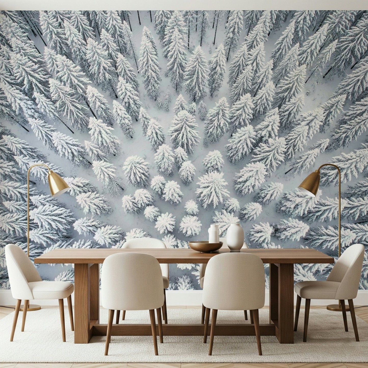 Frosted landscape wallpaper with soft white tones for a master bedroom wall mural.