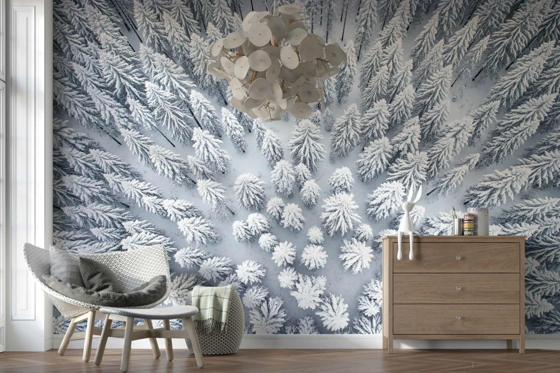 Winter's Embrace Wall Mural behind a sleek desk in a home office wallpaper.