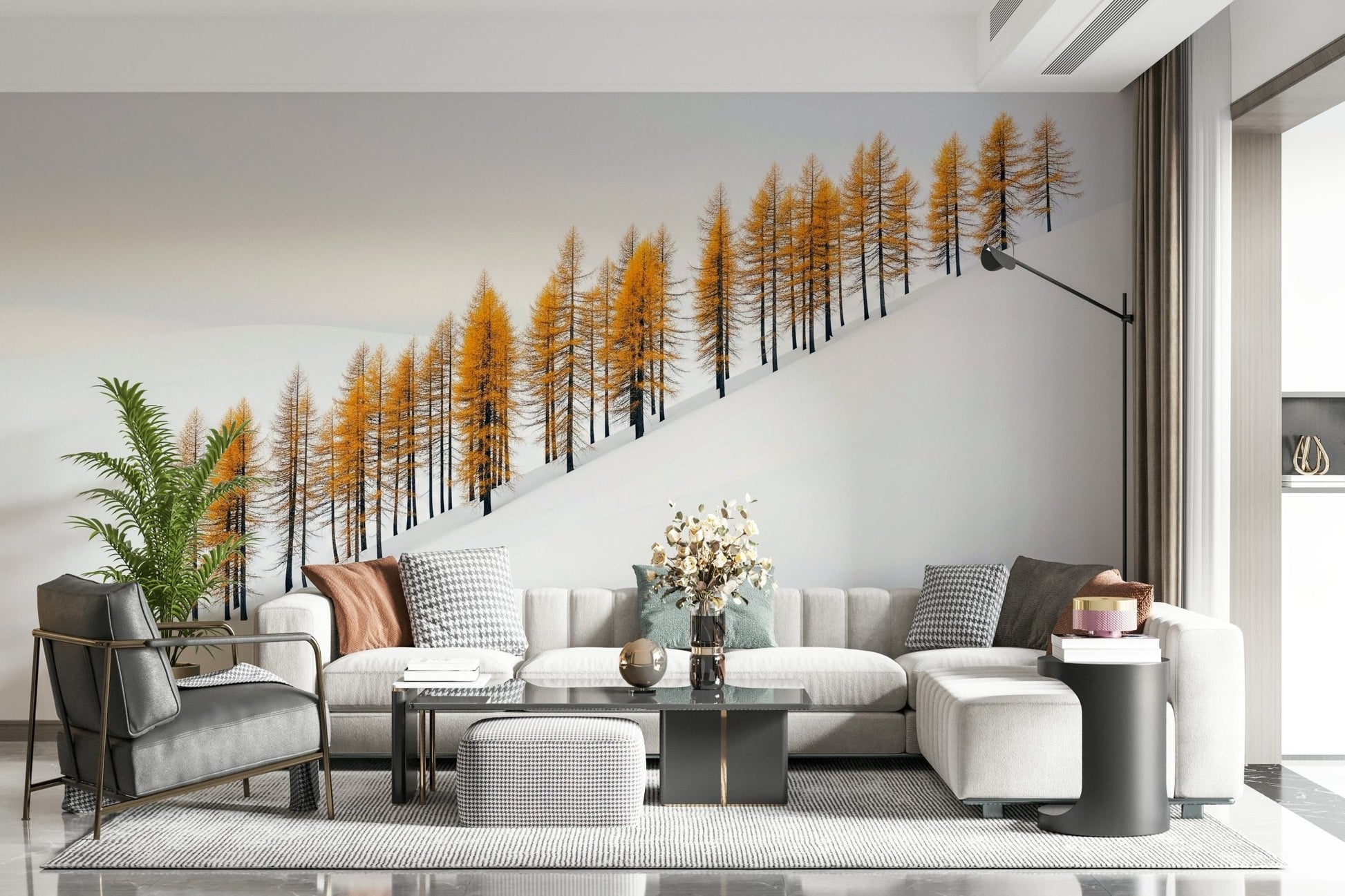 Winter's Gold Wall Mural in a bright hallway with neutral decor wallpaper.