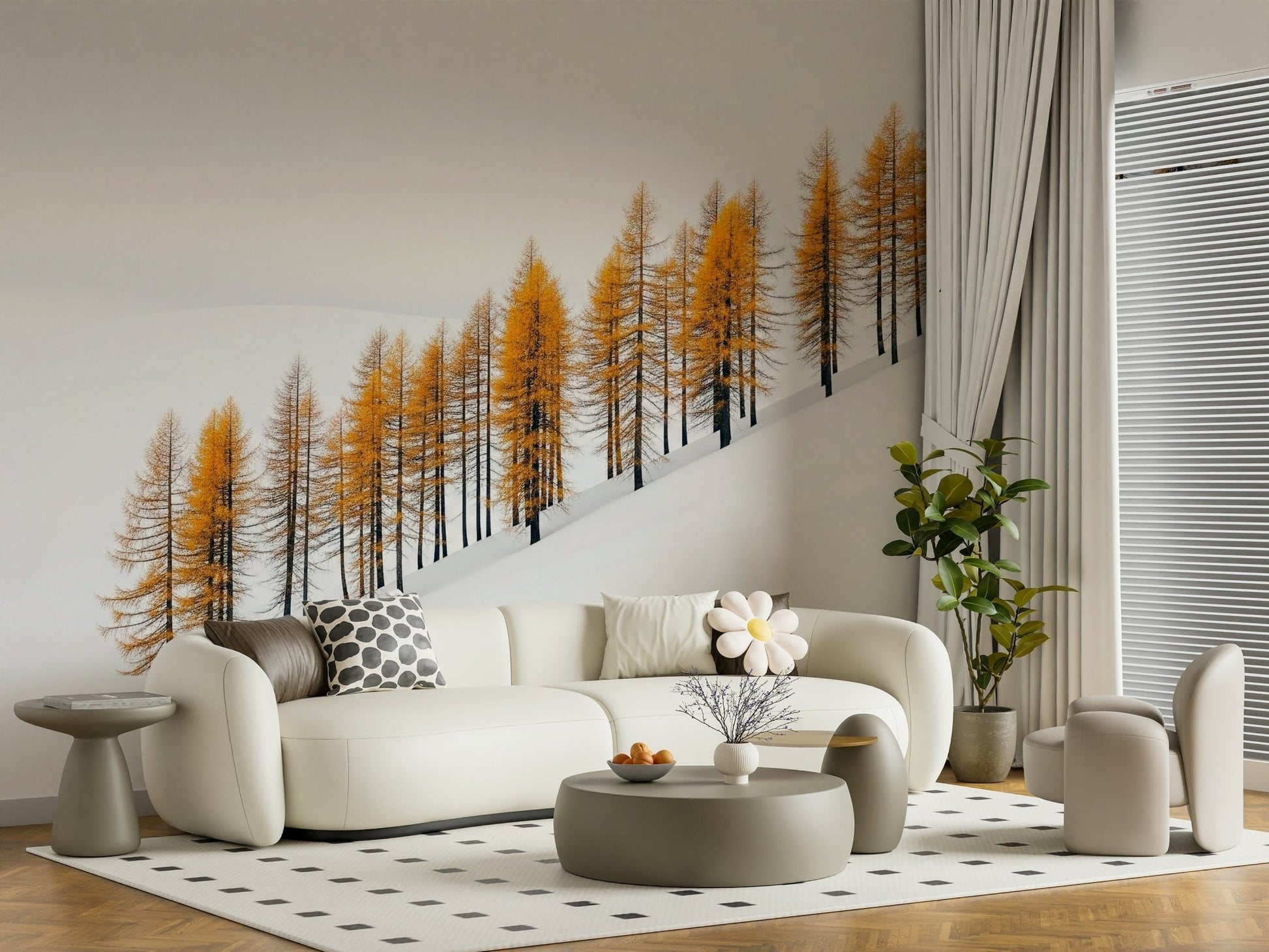 Minimalist winter scene wallpaper for a sophisticated dining area wall mural.