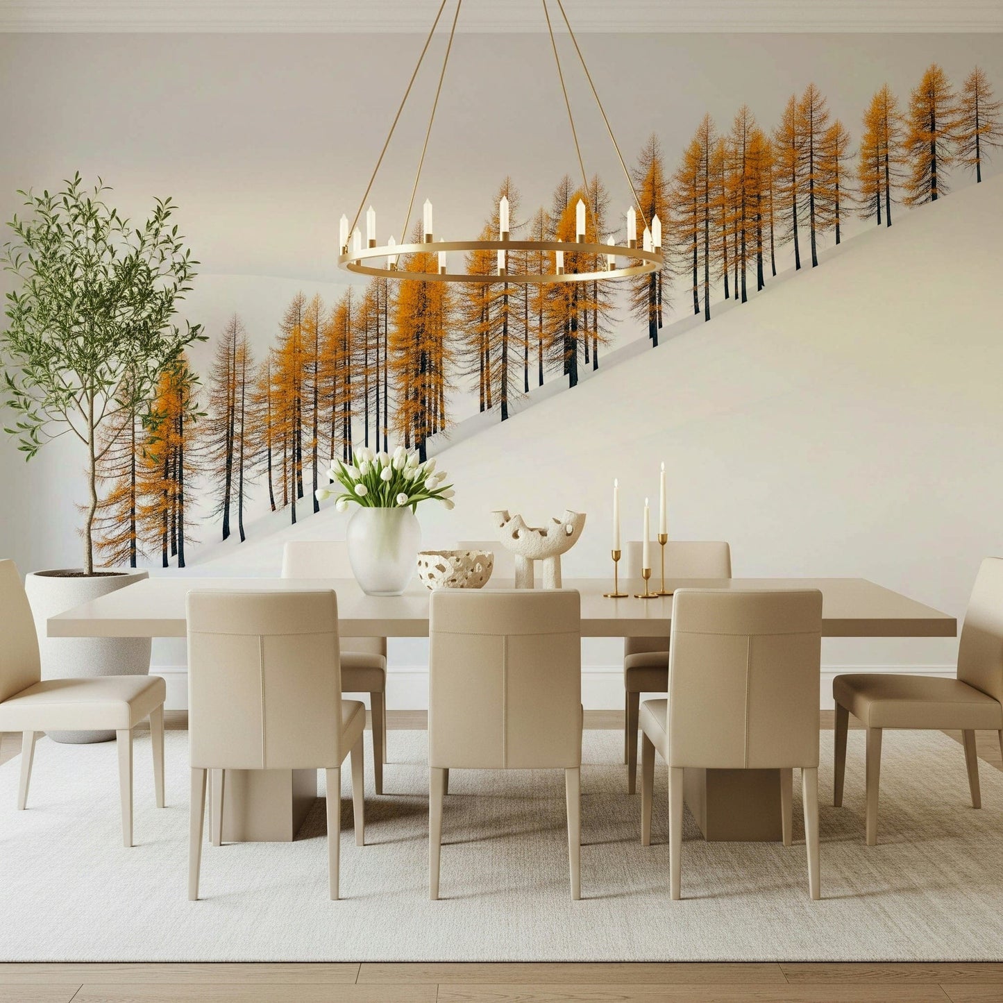 Winter's Gold Wall Mural in a nursery with light wooden accents wallpaper.