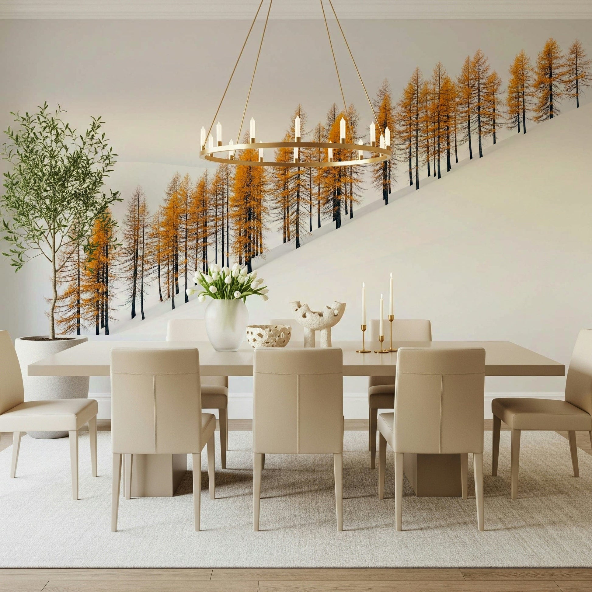 Winter's Gold Wall Mural in a nursery with light wooden accents wallpaper.
