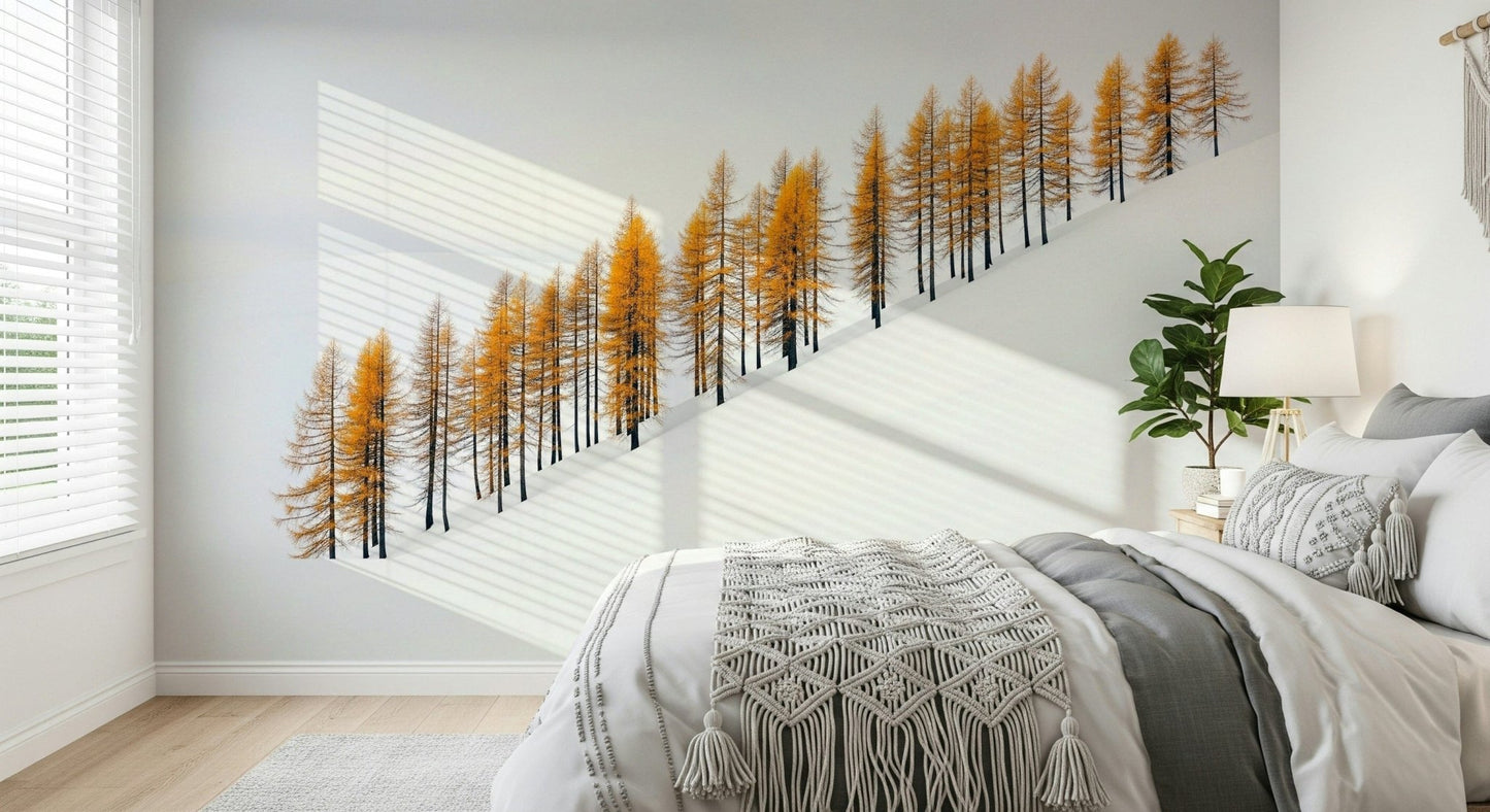 Contemporary landscape wallpaper with white and gold tones wall mural.