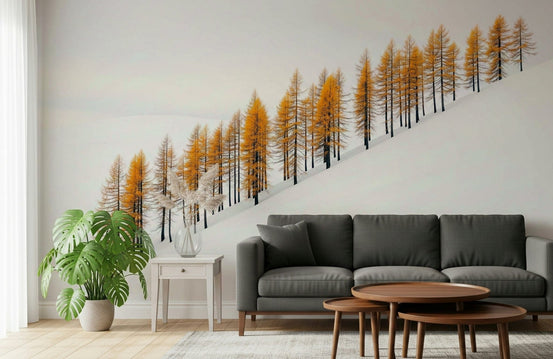 Winter's Gold Wall Mural in a minimalist living room with grey sofa wallpaper., GD4007