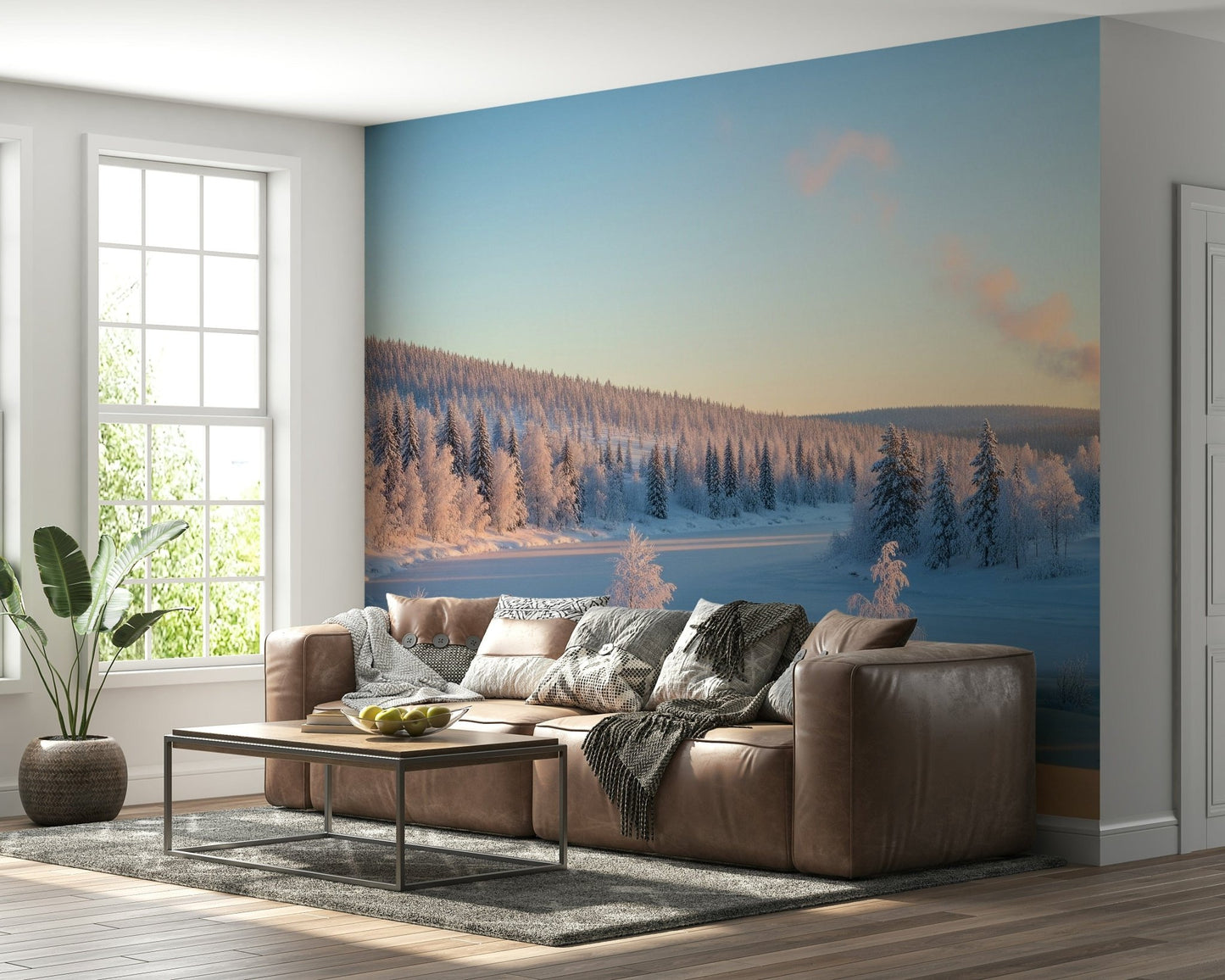 Winter's Light Cabin Wall Mural in a bright dining room with oak furniture wallpaper.