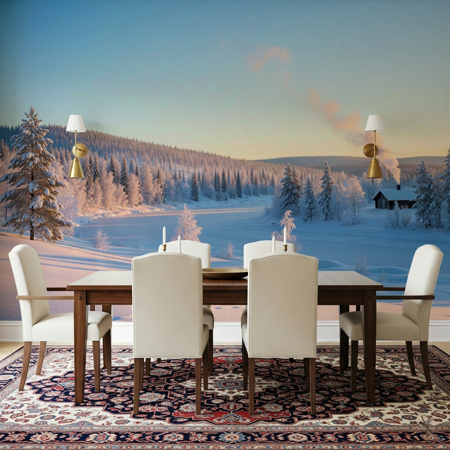 Detailed log cabin on a textured wall mural for a hallway wallpaper.