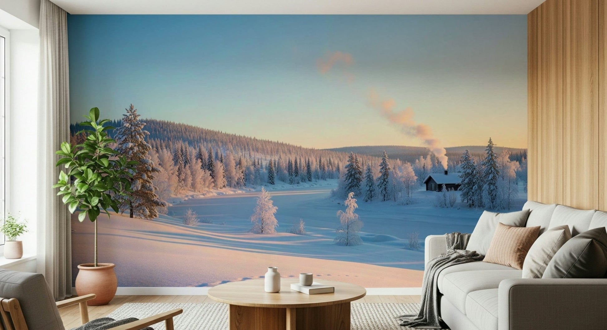 Winter's Light Cabin Wall Mural behind a neutral fabric sofa wallpaper.