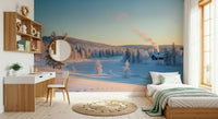 Winter's Light Cabin Wall Mural used as a backdrop in a vacation home wallpaper.