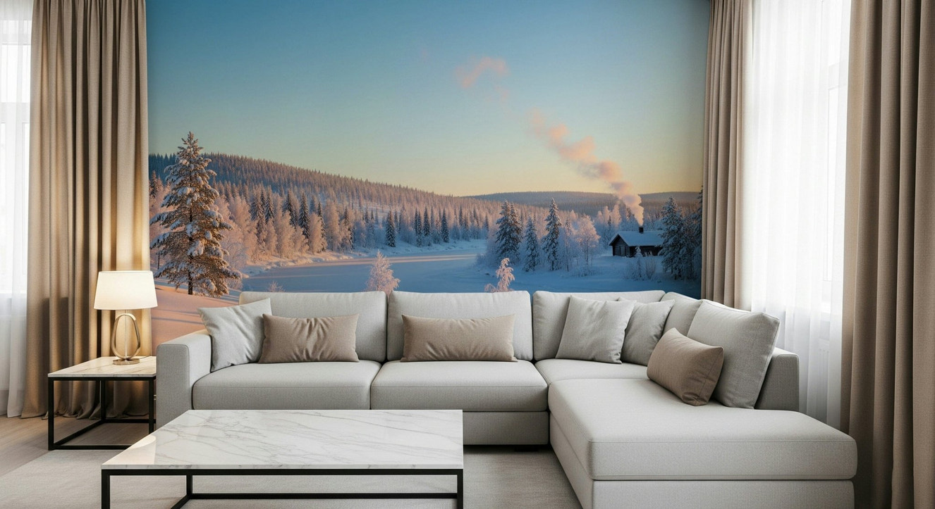 Winter's Light Cabin Wall Mural in a cozy living room with wooden decor wallpaper.
