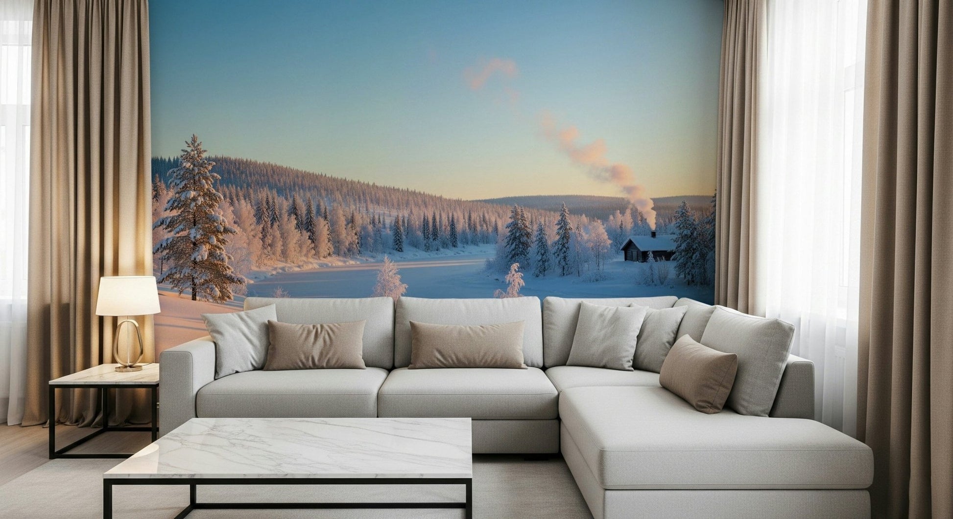 Winter's Light Cabin Wall Mural in a cozy living room with wooden decor wallpaper.