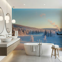 Scenic winter retreat wallpaper for a peaceful nursery or kids room wall mural.