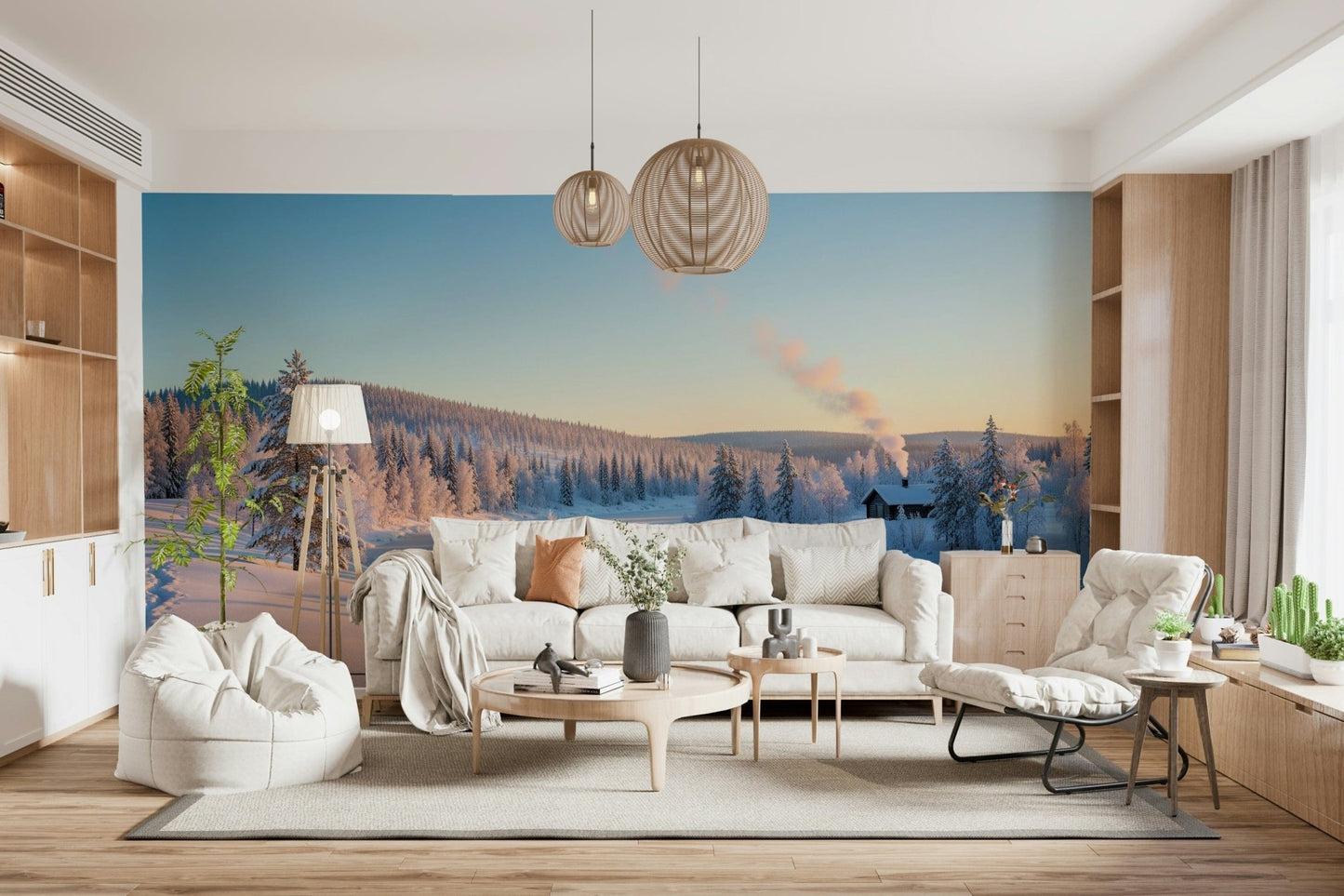 Snowy forest cabin wallpaper featuring soft sunlight for a bedroom wall mural.
