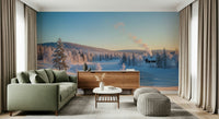 Rustic woodland wall mural with a peaceful cottage for a study wallpaper.