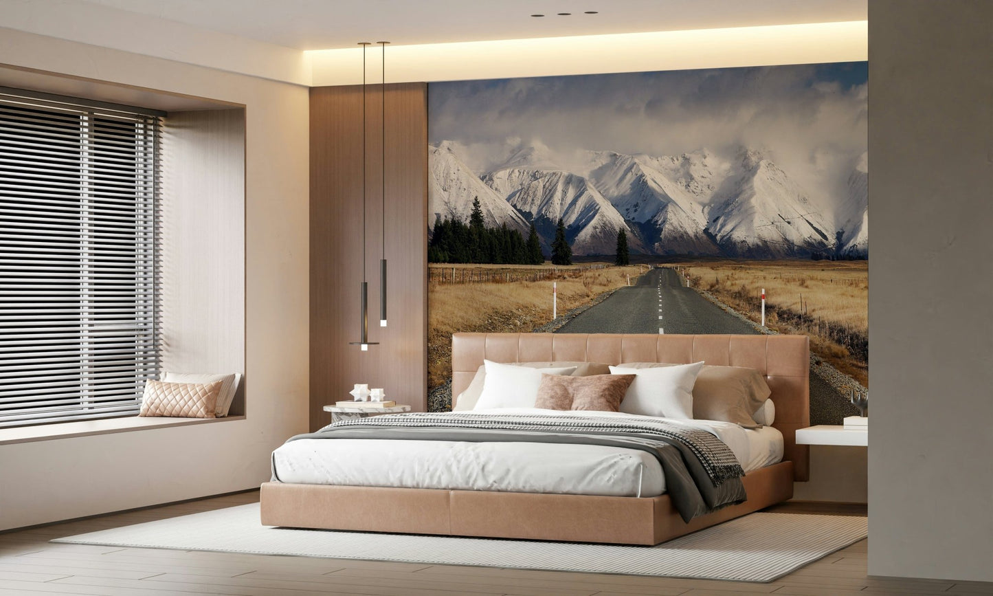 Serene snow scene wall mural for a relaxing lounge atmosphere.