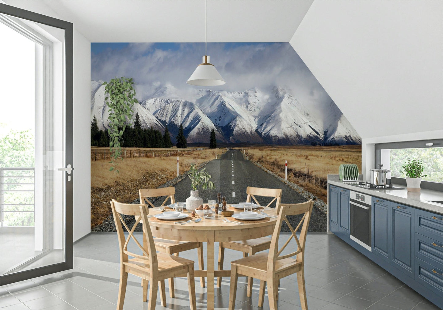 Soft grey and white woodland wall mural in a modern dining area.