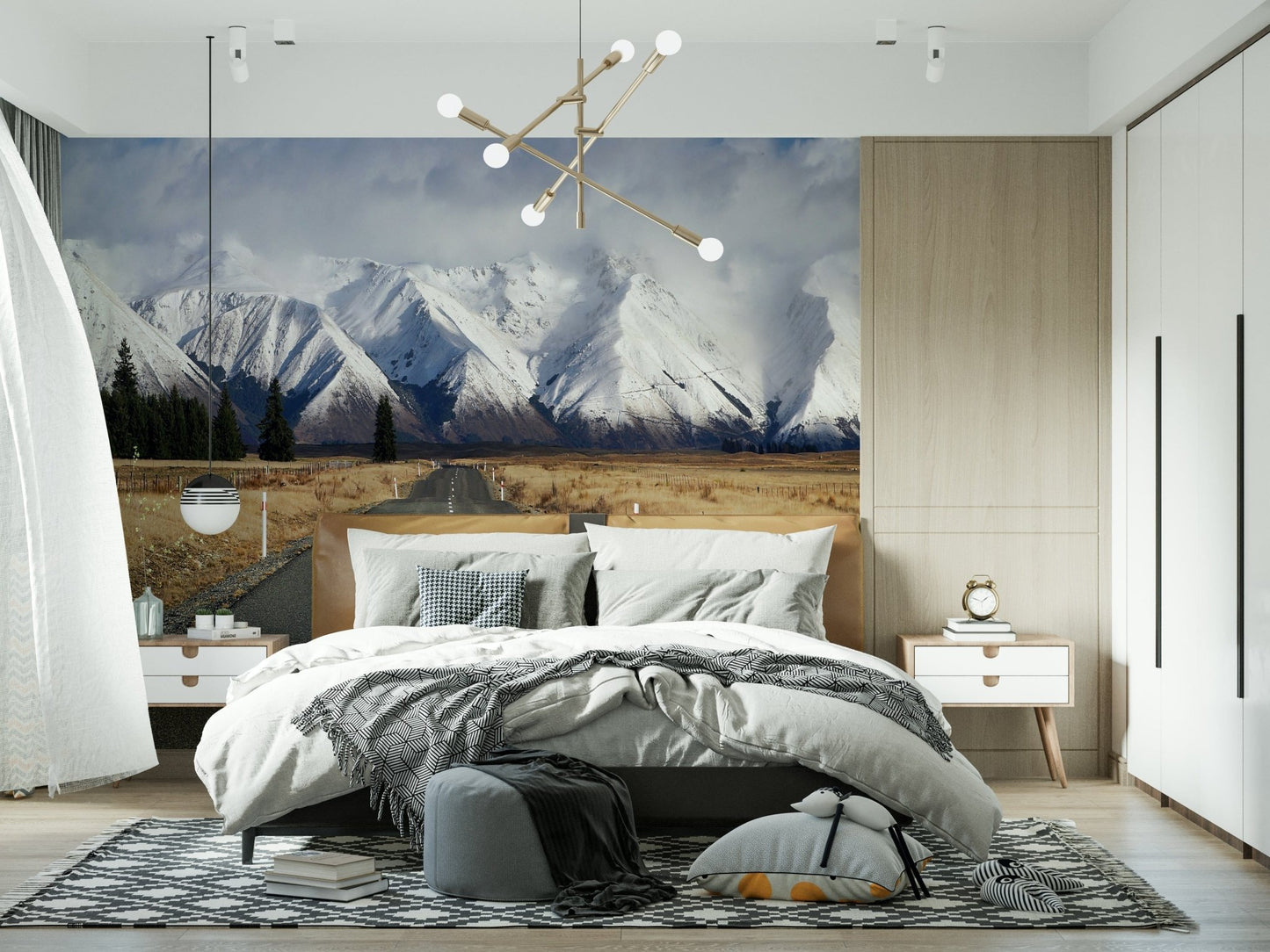 Scenic frosty road wall mural in a minimalist guest room or study.