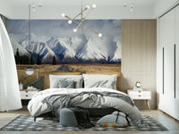 Scenic frosty road wall mural in a minimalist guest room or study.