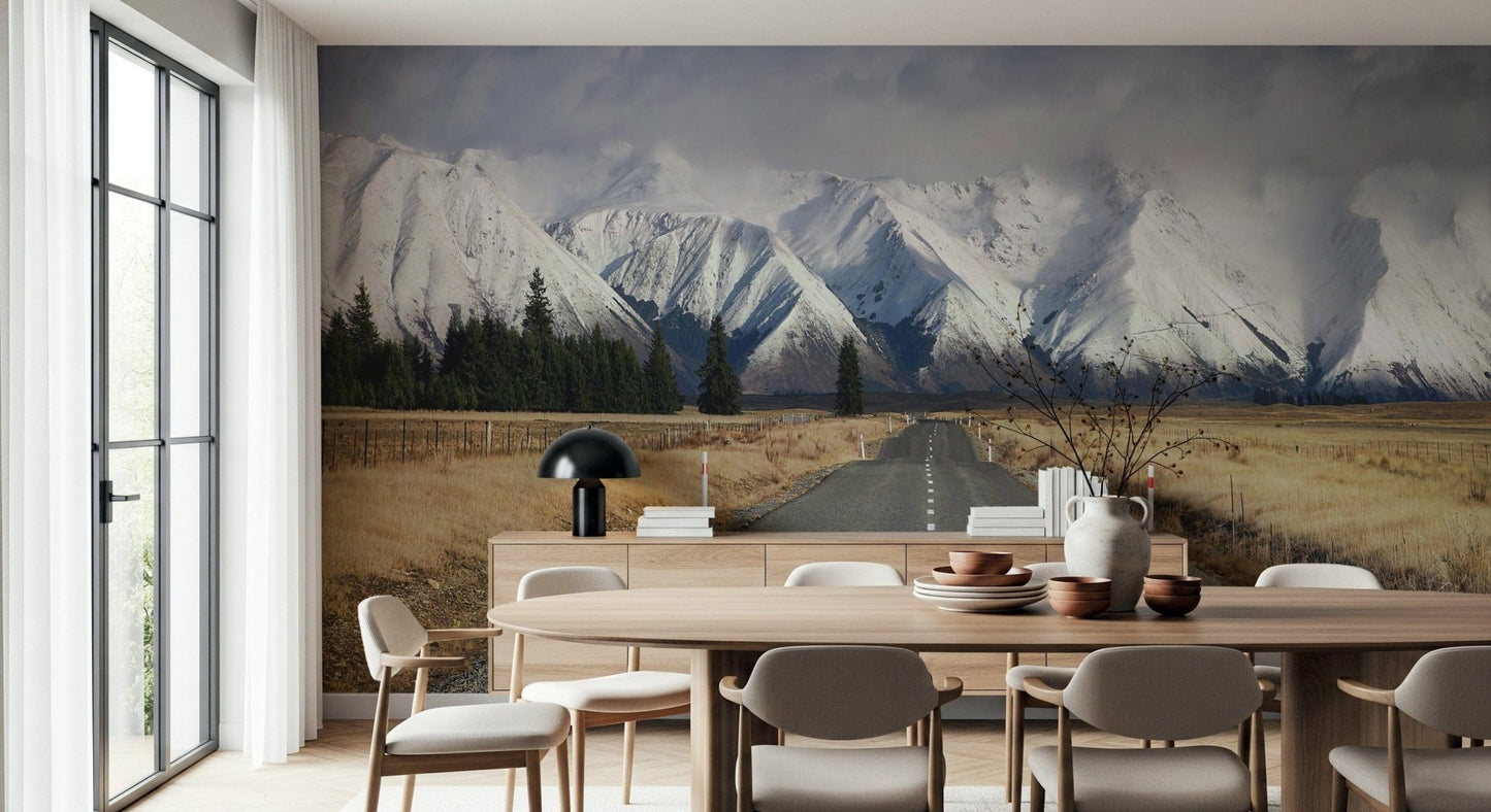 Large scale winter wallpaper for an open plan apartment living space.