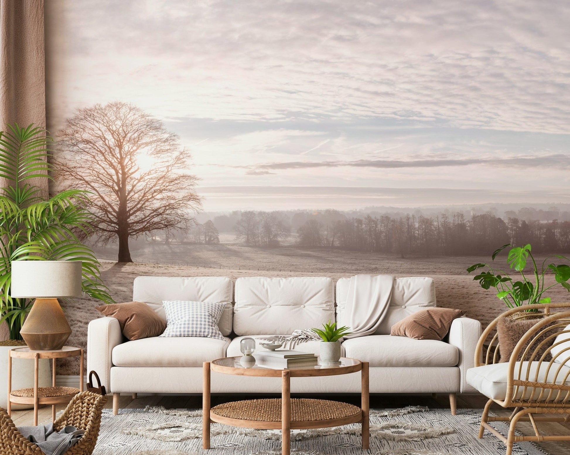 Winter's Soft Light Wall Mural in a bright dining space with silver accents wallpaper.
