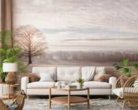 Winter's Soft Light Wall Mural in a bright dining space with silver accents wallpaper.