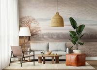Frosted landscape wallpaper with soft white tones for a master bedroom wall mural.