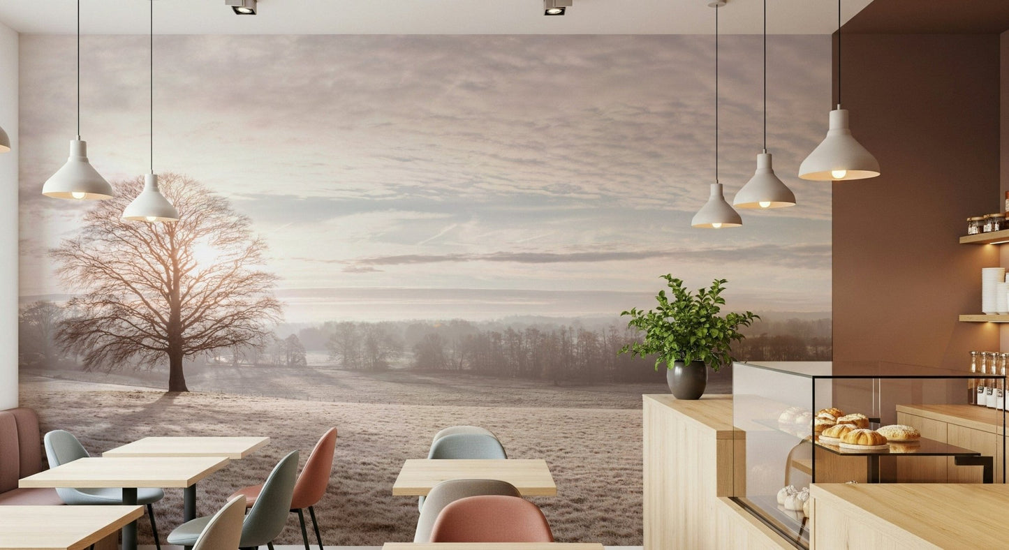 Winter's Soft Light Wall Mural behind a sleek desk in a home office wallpaper.