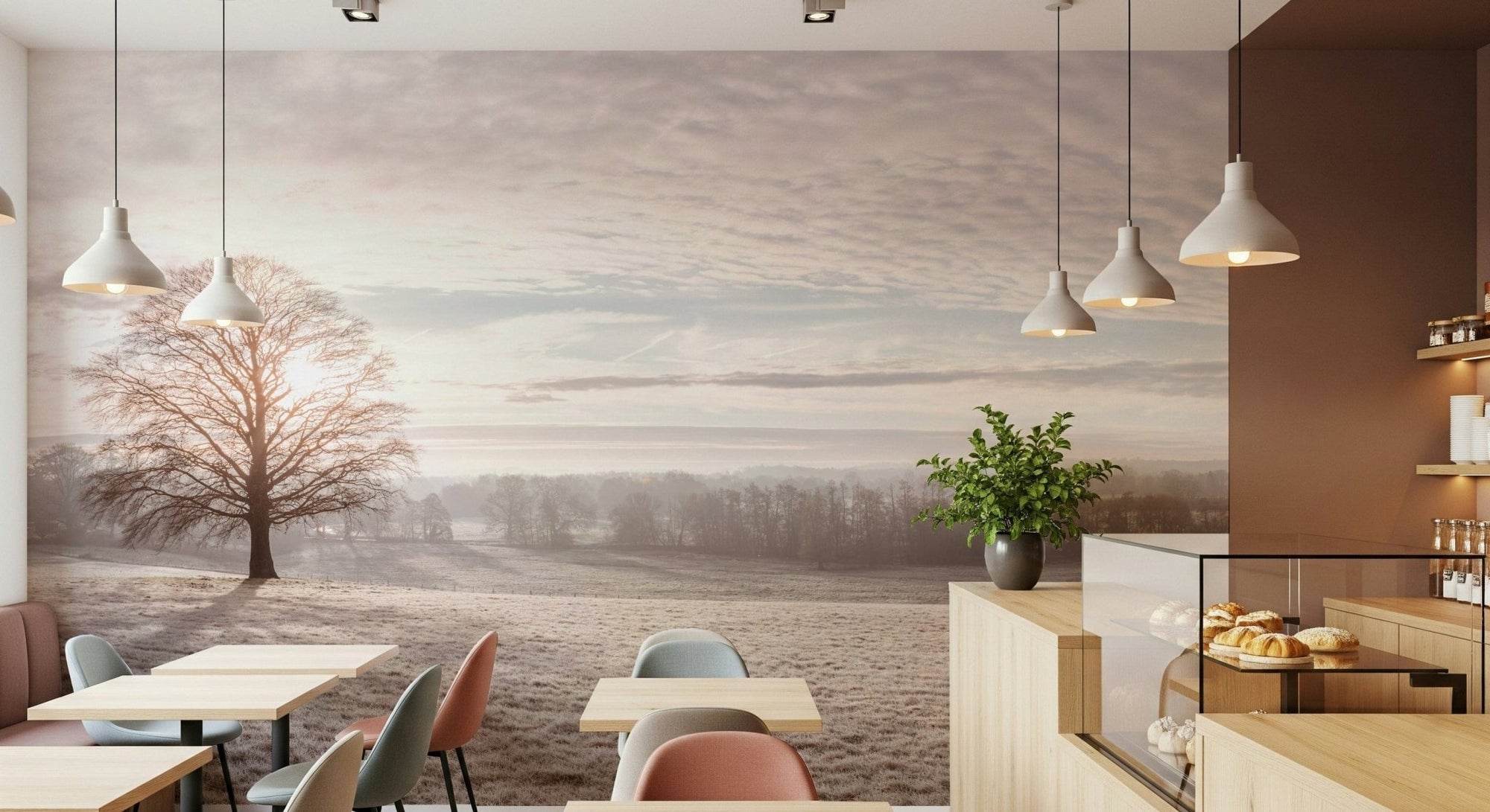 Winter's Soft Light Wall Mural behind a sleek desk in a home office wallpaper., GD3900