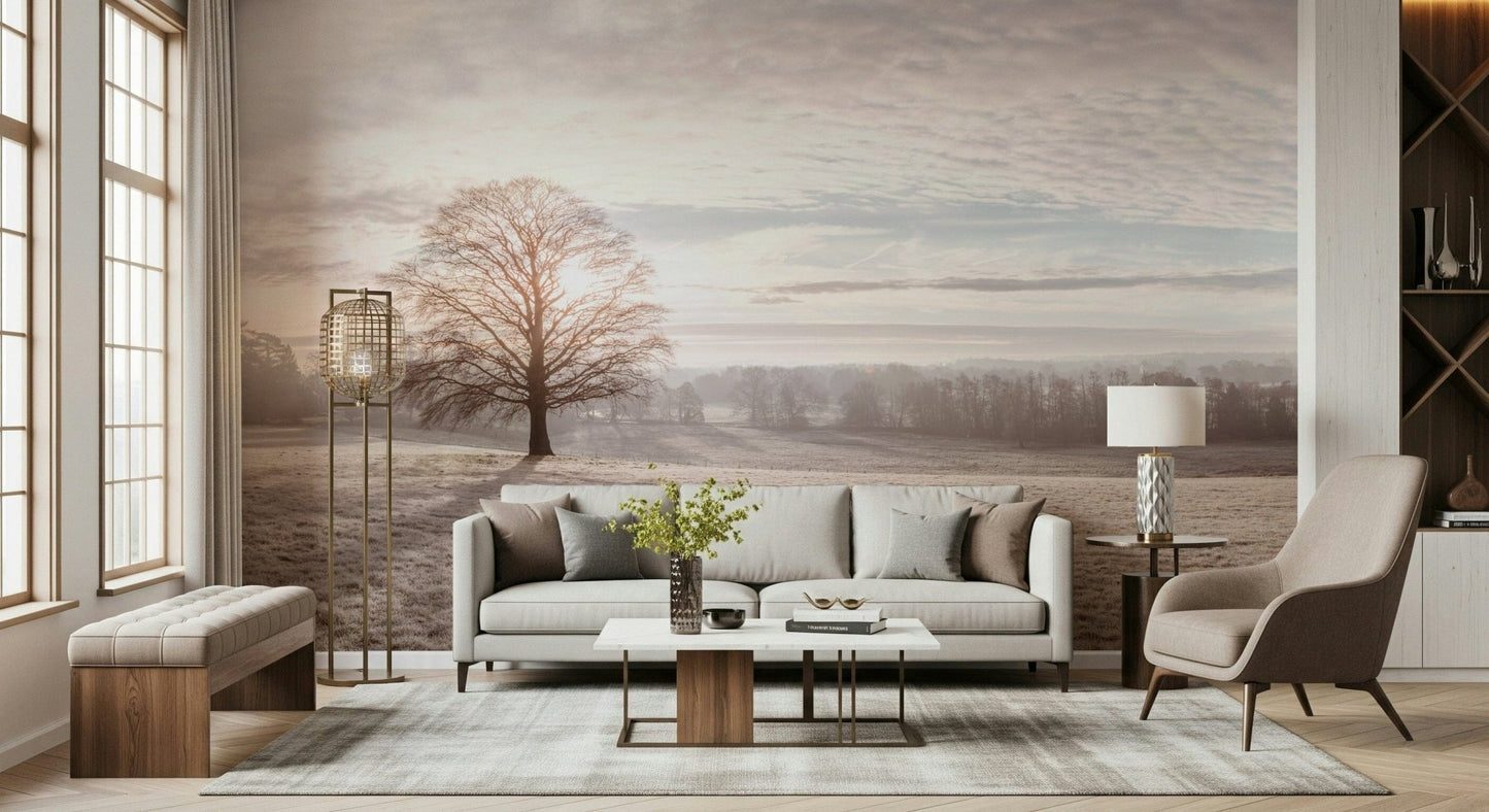 Subtle winter scenery wallpaper for a sophisticated vanity area wall mural.