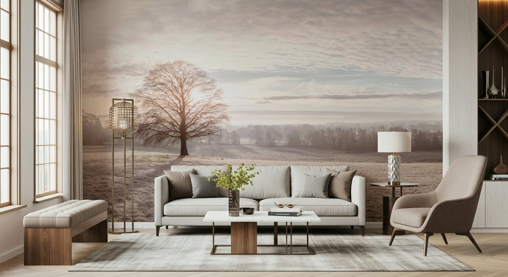 Subtle winter scenery wallpaper for a sophisticated vanity area wall mural.