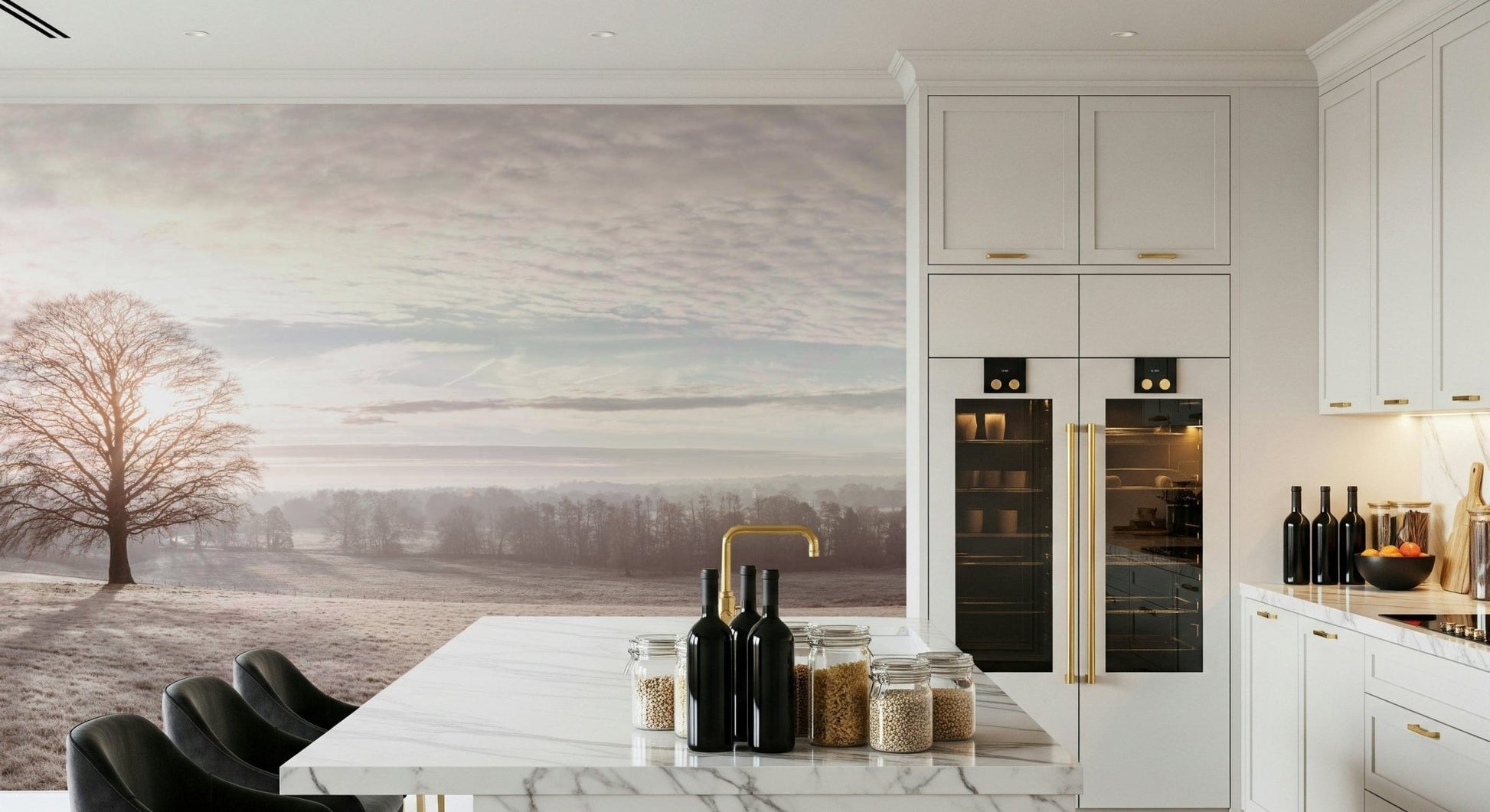 Elegant winter wall mural featuring misty trees for a modern lounge wallpaper.