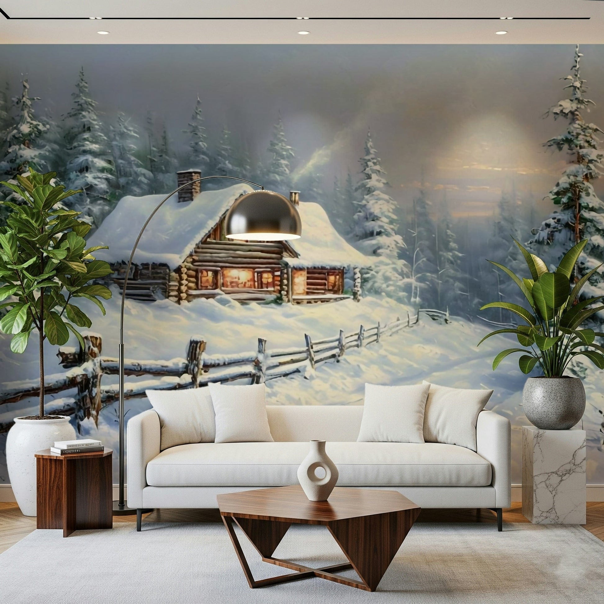Sophisticated seasonal landscape wallpaper mural for a luxury guest suite wall.