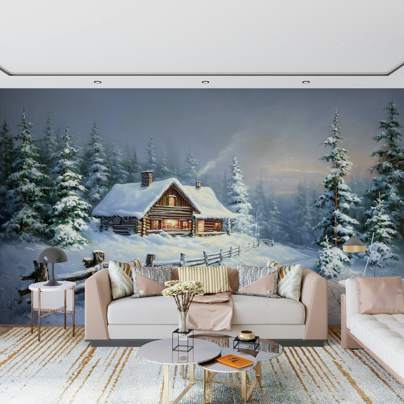 Winter's Warm Embrace Wall Mural with snowy trees in a modern living room wallpaper.