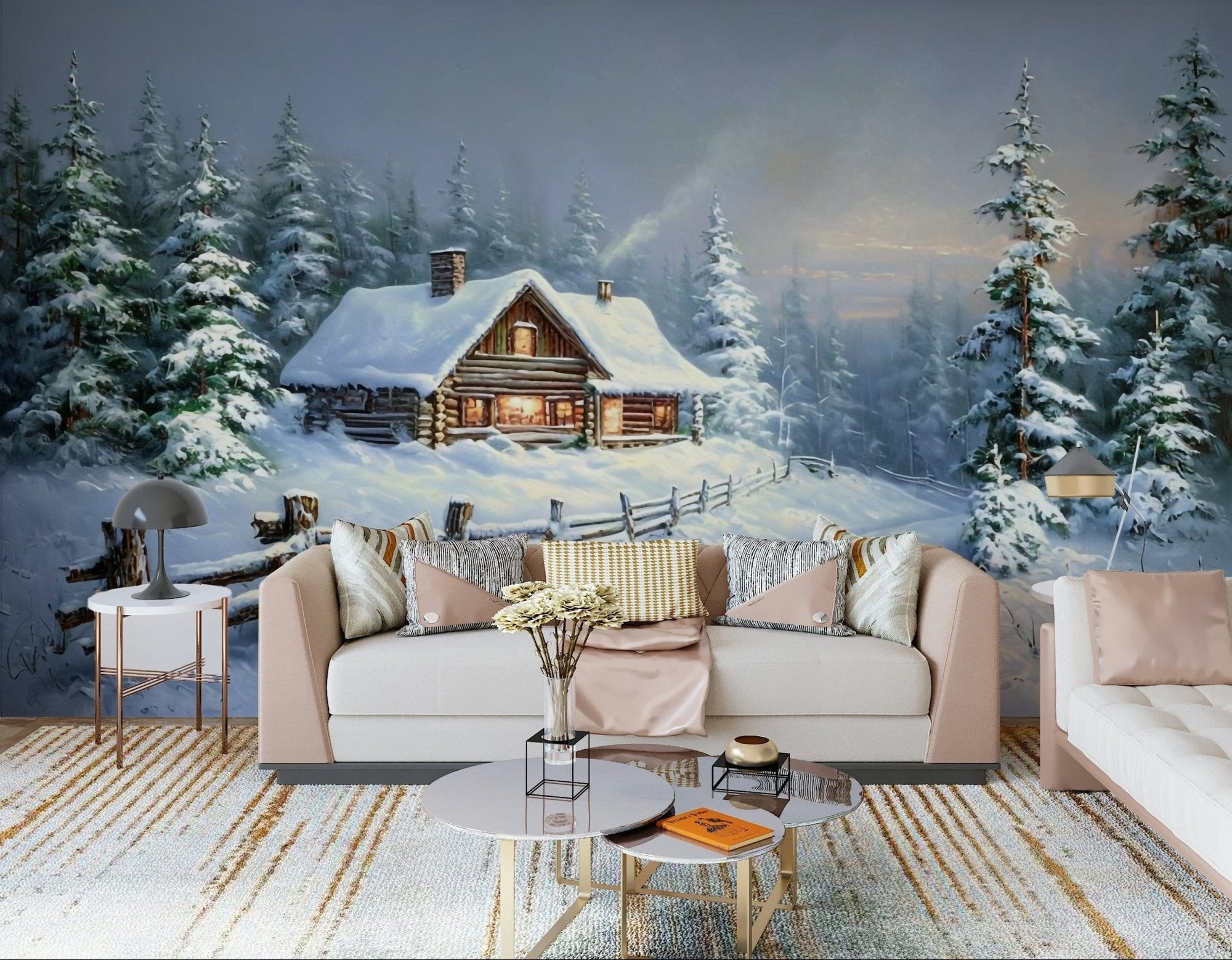 Winter's Warm Embrace Wall Mural with snowy trees in a modern living room wallpaper., GD3579